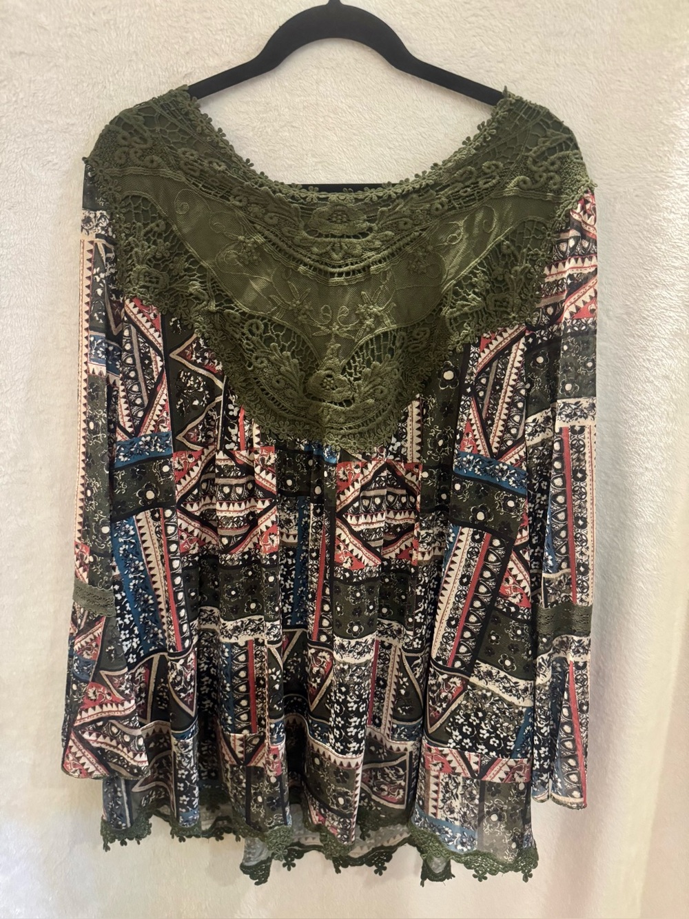 Olive Lace Yoke Boho Printed Women’s Blouse